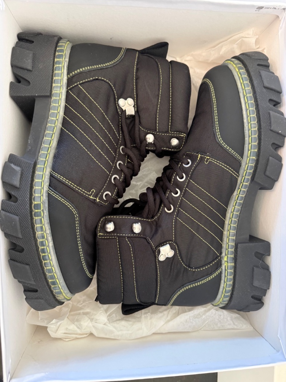 GANNI Black Nylon Combat Boots Yellow Stitching NWT w/ Box